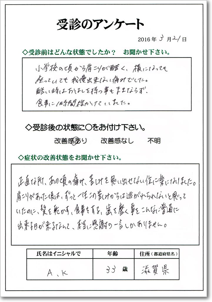 肩首のこり　改善の声　滋賀県大津市　33歳女性