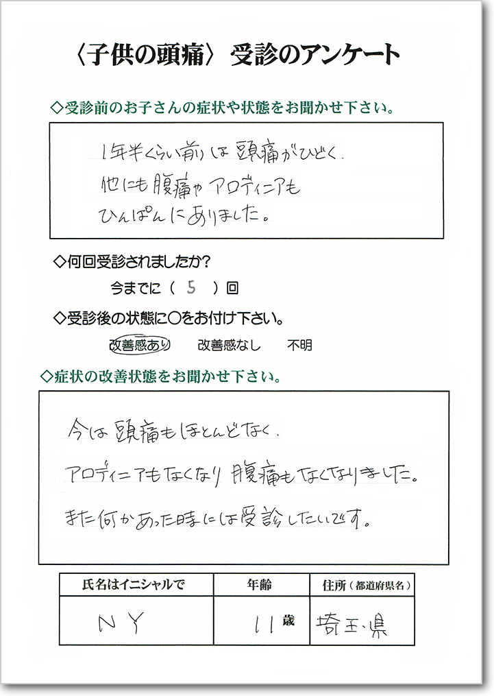 小児慢性連日性頭痛　改善の声　埼玉県春日部市　小学4年生男子