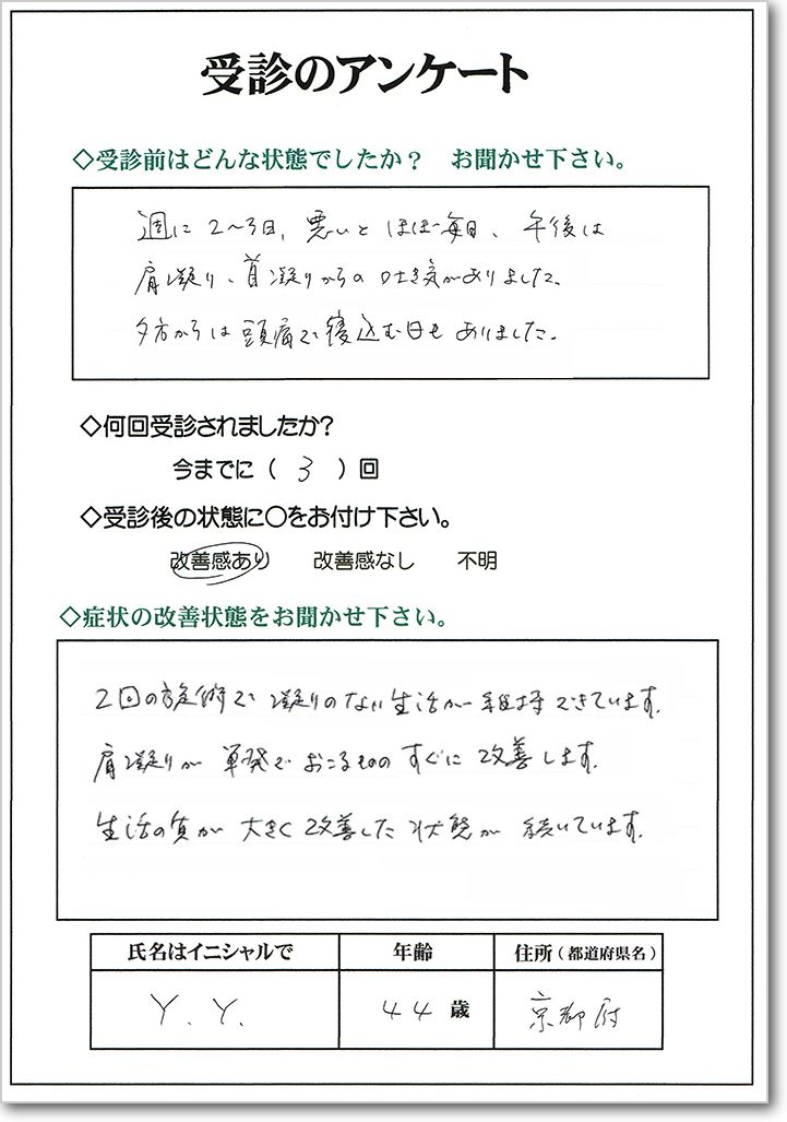 肩首のこり　改善の声　京都府京都市　43歳女性